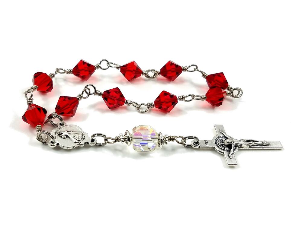 Divine Mercy & Lady Fatima Red One Decade Rosary, Swarovski Crystals